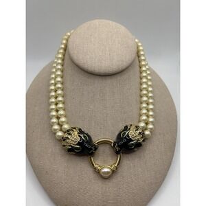 White Faux Pearl Beaded Choker Necklace Panther Heads Gold Tone 15in Statement